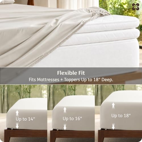 Bedsure PureWoven King Fitted Sheet Qnly, 100% Rayon Derived from Bamboo | Cooling Bottom Sheet for Hot Sleepers, Breathable & Soft, Deep Pocket Up to 18", Secure Elastic Corner Straps, Light Beige - image 5