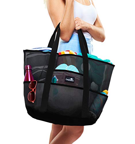 Dejaroo: Mesh Sand Free Bag - Strong Lightweight Tote For Beach & Vacation Essentials. Tons of Storage with 8 Pockets, Foldable, 17x9x15 inches, Black with Black Straps