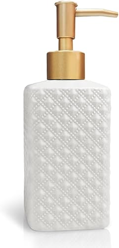 Dispensador de jabón dorado, botella de bomba de loción de cerámica con relieve refinado y vintage, decoración del hogar para baño o cocina (blanco)
