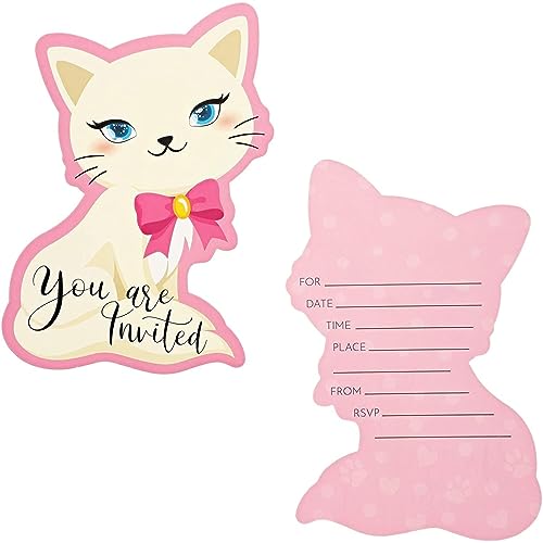 Invitations d'anniversaire de chat avec motif dessin animé moderne rose