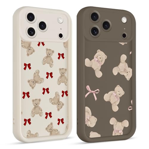 lioscre 2 Pack Cute Coquette Bow Phone Case for iPhone 17 Pro 6.3", Aesthetic Bear Pink Ribbon Bowknot Pattern Print Design Women Girls Case Soft Slim Shockproof TPU Protective Funda Cover