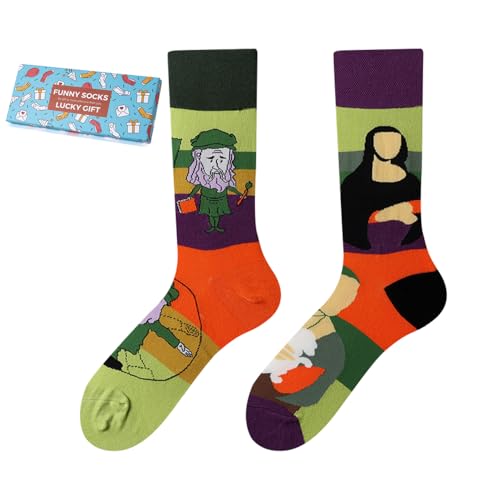 NxnChc Lustige Socken Für Damen Und Herren Unisex Viele Da Vincis und Mona Lisa Motive Tier Essen Obst Sport Kunst Aus Baumwolle Geschenk Asymmetrische Muster Links Und Rechts