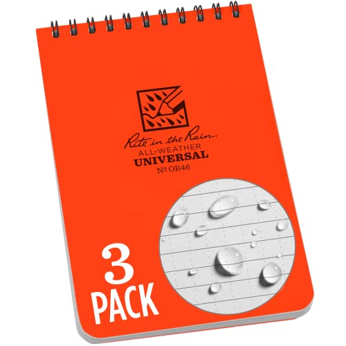 Rite in the Rain Weatherproof Top Spiral Notebook, 4" x 6", Orange Cover, Universal Pattern, 3 Pack (No.OR46-3)