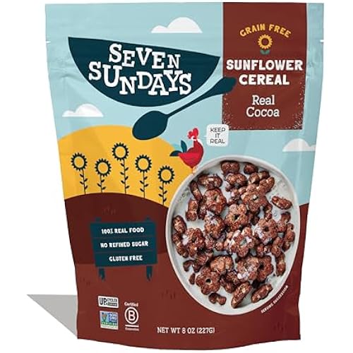 Seven Sundays Sunflower Cereal, Real Cocoa, 8 Oz Bag, Grain & Gluten Free, 5g Upcycled Protein, 1g Added Sugar, Crunchy Chocolate Snack