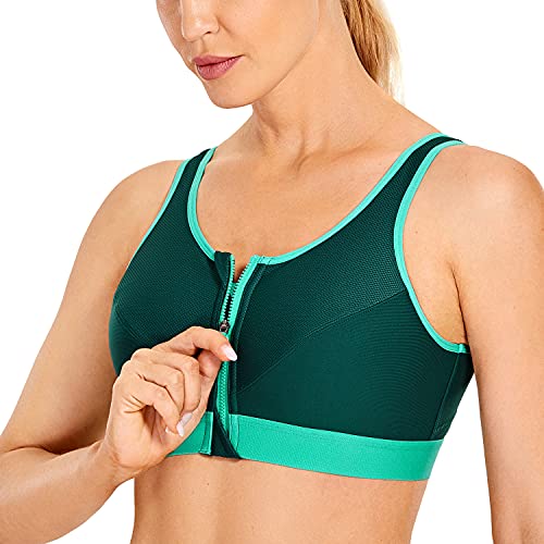 SYROKAN Women's Sports Bra High Impact Front Fastening Zipper Wireless Post Surgery Support Workout Bra Paris Green 38DD