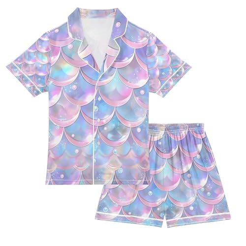 senya Purple and Blue Mermaid Scales Satin Summer Pajama Sets Silk Short Sleeve Button Down Sleepwear