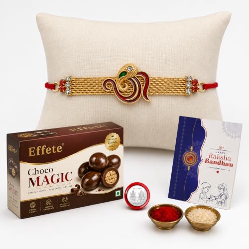 Image of Oblivion Rakhi with Chocolate for Brother - OM Design Multicolor Rakhi with Choco Magic Chocolate 32 Gm, Greeting Card, Silver Color Pooja Coin & Tilak Set - Traditional Raksha Bandhan Festive Combo