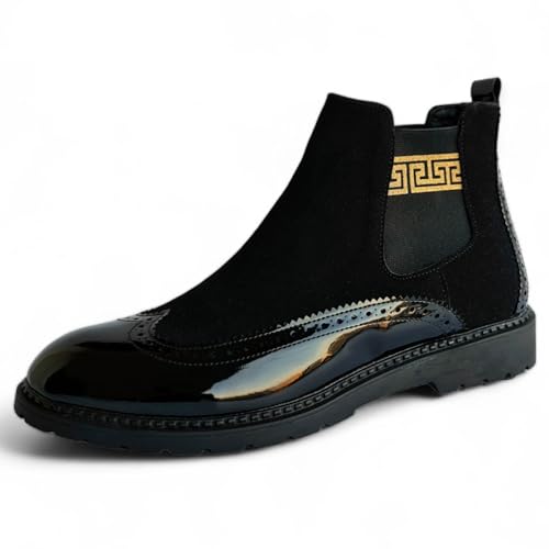 SCARPETTO Wingtip Ankle Boots for Men - Suede and Patent Leather, Stylish Greek Pattern, Round Toe, Elastic Insert, Cushion Footbed (Black, US Footwear Size System, Adult, Men, Numeric, Medium, 10) by SCARPETTO - Used condition - US$21.93