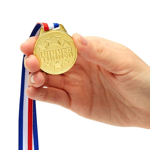 Juvale 12-Pack Bulk Olympic Style Gold Winner Award Medals with Ribbons for Sports, Competitions, Spelling Bees, Party Favors 1.5 Inches Diameter, 15.3 Inches Ribbon Length