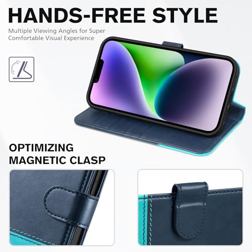 Etui pour iPhone 14 TUCCH en cuir bleu avec blocage RFID - 4