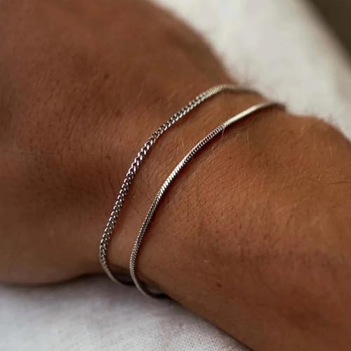 Image of Moodear Father's Day Gifts for Him Stackable Bracelets for Men - Dainty Silver Cuban Link Stackable Snake Chain Stainless Steel Bracelets Trendy Jewelry Gift