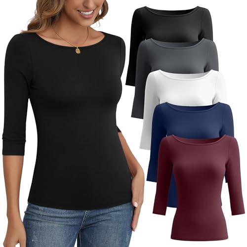 Ficerd 5 Pack 3/4 Sleeve Tops for Women Tight Boat Neck Cotton T Shirts Slim Fit Three Quarter Sleeve Tees Basic Casual Tops