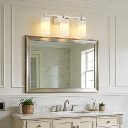 Image of SOLFART Brushed Nickel Bathroom Light Fixtures, 3-Light Modern Vanity Light Over Mirror, Wall Sconces with Milky White Frosted Glass Shades, E26 Socket (Bulbs Not Included)