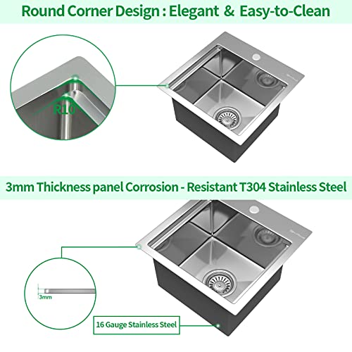 Ecochannels Kitchen Sink, 15 X 15 X 10 Inch Kitchen Sinks Small Bar Prep Sink 16 Gauge Stainless Steel Drop In Kitchen Sink Single Bowl Workstation Sink With Cutting Board #TOP5