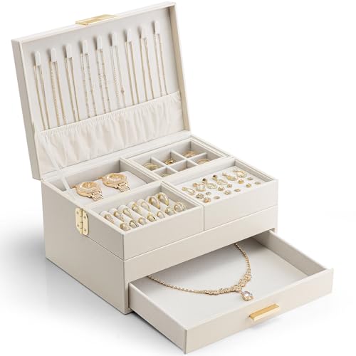 Vlando Schmuckkästchen Groß für Damen Schmuckaufbewahrung mit ausziehbarem Tablett Schmuck Organizer mit Schublade für Halsketten, Ringe,...