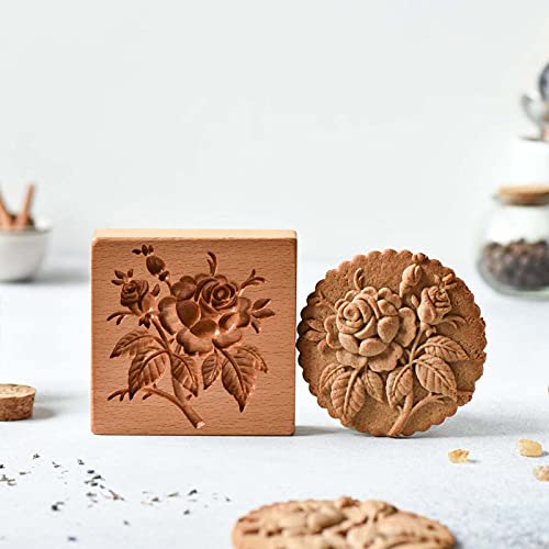 Cosybeau Cookie Stamp Carved Wooden Mold Press Custom Rose Cookie Mold, Wooden Biscuit Cutter Cookie Presses Stamps Diy Valentines Day Thanksgiving For Baking (Peony) #TOP6