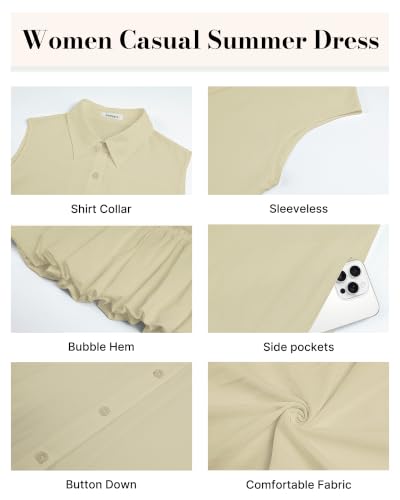 Image of Bsubseach Womens Casual Summer Dresses Sleeveless Linen Bubble Mini Short Dress Button Down Shirt Sundress with Pockets