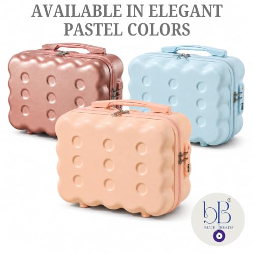 Image of BLUE BEADS Travel Makeup Case with Lock & Luggage Strap, ABS Hard Shell Cosmetic Vanity Case, Portable Makeup Organizer for Women, Beauty Storage Box for Makeup & Toiletries (Rose Gold, Model 2)