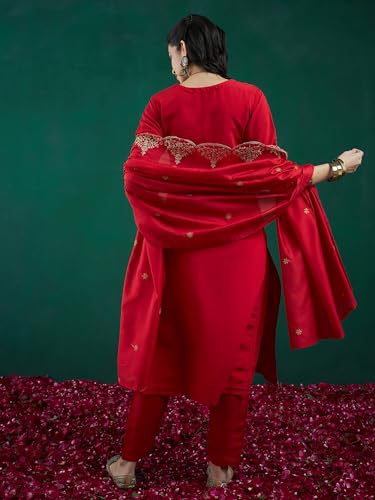 Image of INDO ERA Women's Embroidered Silk Blend Straight Kurta & Palazzo With Dupatta Set (RRRRR9584)