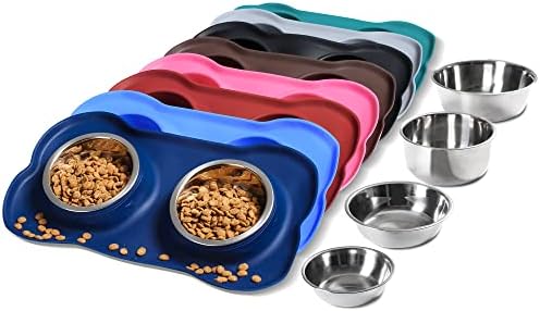 Hubulk Pet Dog Bowls 2 Stainless Steel Dog Bowl with No Spill Non-Skid Silicone Mat + Pet Food Scoop Water and Food Feeder Bowls for Feeding Small Medium Large Dogs Cats Puppies (S, Navy Blue)