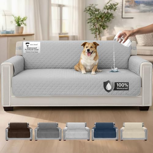 Sofa Shield 100% Waterproof Couch Cover with Patented Straps Slip & Stain Resistant Furniture Protector Machine Washable Sofa Slipcover for Dogs Cats Pets Kids 70 inch Seat Light Gray