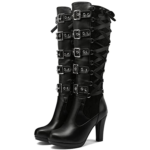 Sarairis Women's Vintage Boots Chunky High Heels Platform Knee High Boots Studded Buckle Cross Strap Goth Punk Knight Halloween Boots Mid Calf Boots For Women #TOP1