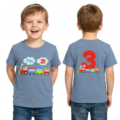 ZOELNIC Toddler Boy 3rd Birthday Shirt 3 Year Old Short Sleeve 2-Sided Train Print Cotton T-Shirt 3T A-Blue