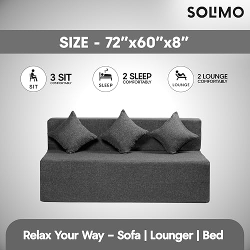 Image of Amazon Brand - Solimo 3 Seater 5 * 6 Jute Fabric Washable Cover Sofa Cum Bed with 3 Cushions 3 Seater Double Foam Fold Out Sofa Cum Bed (Finish Color - Grey Delivery Condition - Pre-Assembled)