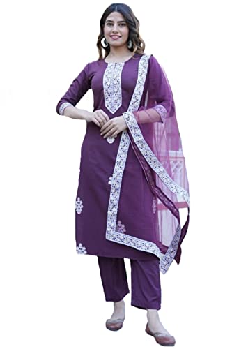 Image of GoSriKi Women's Cotton Blend Straight Embroidered Kurta with Pant & Dupatta (Tistha Green-Jan40-GS)