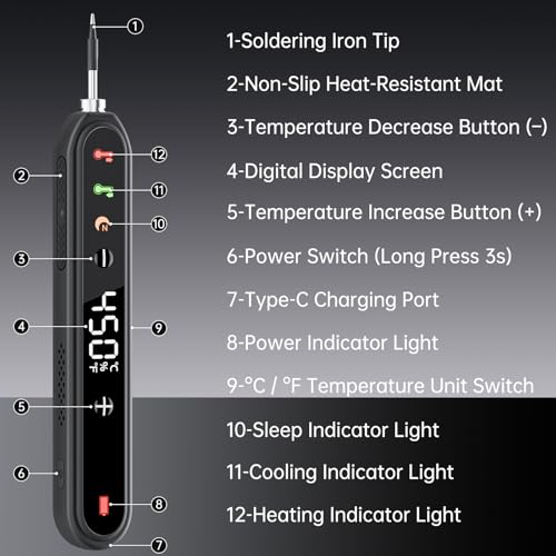 Image of Cordless Soldering Iron Kit, 8s Fast Heat-Up, 1600mAh Rechargeable Battery, Type-C Charging, Adjustable Temp 180~450 ℃, 3 Replaceable Tips, Wireless Soldering Pen for DIY Electronics Repair - Black