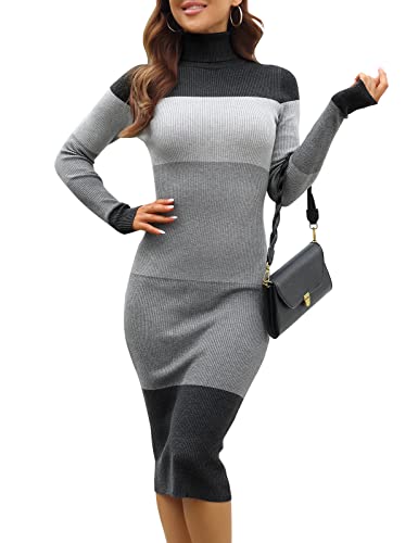 Image of Rocorose Women's Turtleneck Ribbed Elbow Long Sleeve Knit Sweater Dress
