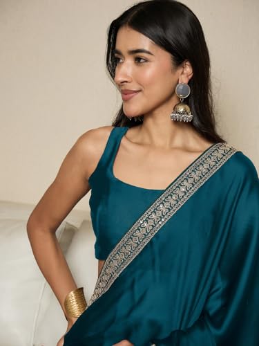 Image of AKHILAM Women's Satin Solid Ready To Wear one Minute Saree with Unstitched Blouse Piece