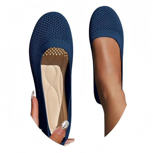 Image of Wide Fit Ballet Flats for Women Breathable Mesh Stretch Knitted Ballet Shoes Comfortable Round Toe Slip-On Ballet Pumps Dressy Casual Solid Color Office Work Shoes Navy