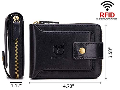 BULLCAPTAIN Genuine Leather Men Wallet with ID Window RFID Blocking Zipper Bifold Wallets Multi Card Holder Zip Coin Purse (Black)2