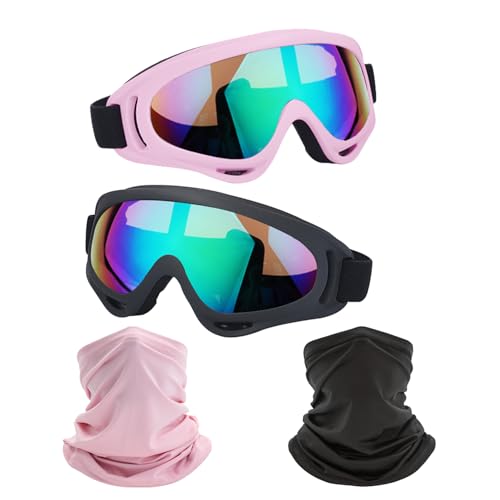 Image of LJDJ Motorcycle Goggles,2 Pack Dirt Bike ATV Motocross Riding Hiking Protective with 2 Pack Neck Breathable Bandana Mask (Light Pink + Black /Colorful)
