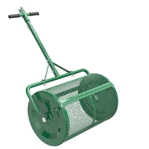 Seeutek Compost Spreader, 24" Upgraded Peat Moss Spreader with 3 Heights, Top Soil Spreader W/Upgraded Side Latches Support Rod Powder Coated Metal Mesh Spreader for Lawn, 2 Way Uses-Push or Tow