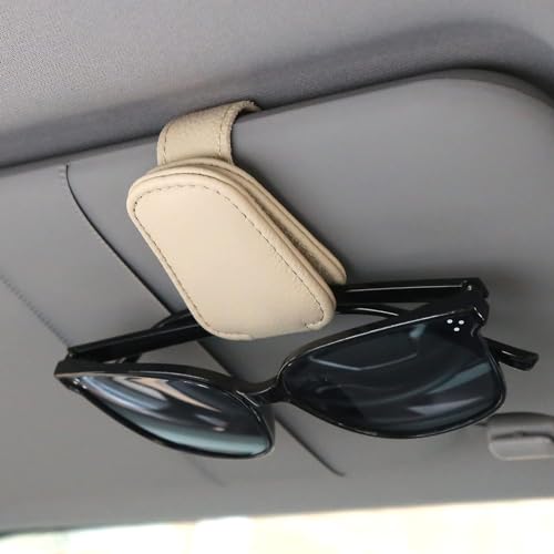 Image of Automaze Leather Car Visor Sunglass Holder, Magnetic Leather Glasses Eyeglass Hanger Clip for Car, Sunglass Clip Glasses Holder for Car Visor, Beige, Pack of 1