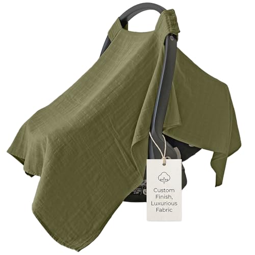 Image of MOZAH Baby Car Seat Cover - Olive Green- 100% Organic Muslin - Soft, Breathable and Lightweight, Baby Infant Car Seat Essentials
