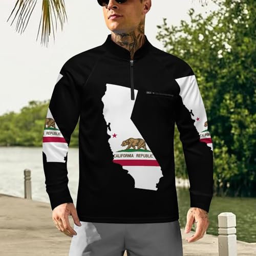 State Map Outline of California Flag Men's Rash Guard Long Sleeves Quick Dry Fishing Workout Shirts with Zipper2