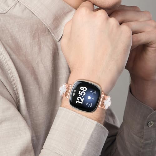 Band Compatible with Fitbit Sense/Sense 2 Versa 3/Versa 4 for Women Stainless Steel Magnetic Strap Adjustable Four Leaf Clover Watch Bands.