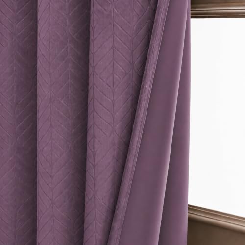 Image of LINENWALAS 100% True Blackout Window Curtains 6 Feet Set of 2 | Embossed Herringbone Leaf Design |Room Darkening Curtain | Thermal Insulated Curtains for Living Room, Bedroom (129 x 183 cm, Lilac)