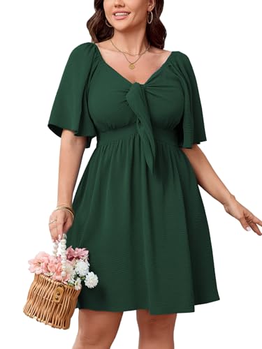 Image of SCOMCHIC Womens Plus Size Summer Dresses Short Sleeve Bow Tie Deep V Neck Elegant Smocked Flowy A Line Mini Dress