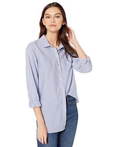 Amazon Brand - Goodthreads Women's Lightweight Poplin Long-Sleeve Button-Front Tunic Shirt, Blue/White Mini-Stripe, Medium