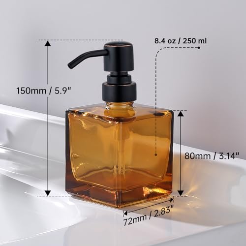 Image of Square Bathroom Soap Dispenser Amber Bottle with Oil Rubbed Bronze Pump, Retangle Cube 8.4 oz Glass Bottles with Stainless Steel Pump Hand Liquid Soap Dispenser Kitchen