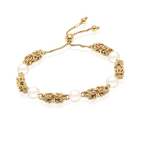 Lecalla Flaunt 925 Sterling Silver Gold-Plated Byzantine Link Bolo Pearl Bracelet For Women #TOP4