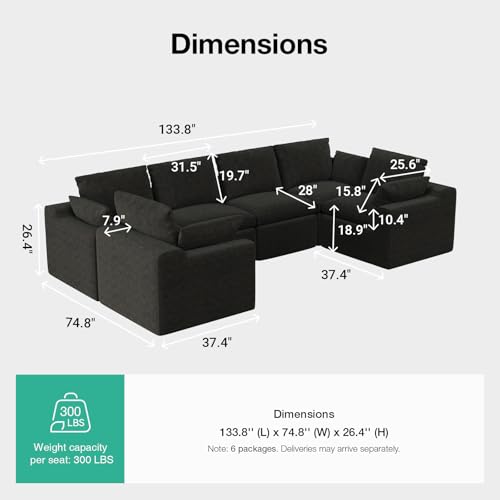 Image of Novilla 133.8 inch Modular Cloud Couch, Modern Sectional Sofa with Smarts Coil Support, Chenille Fabric, Upholstered Couch for Living Room Apartments Bedroom, No Assembly, 6 Seater, Dark Grey