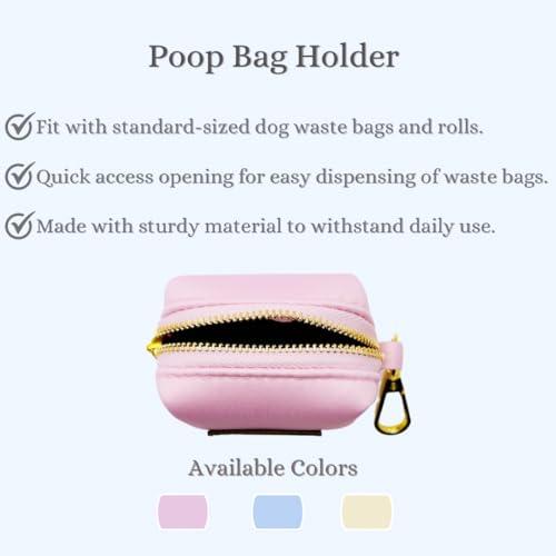 Image of Dog Poop Bag Holder with Leash attachment, Waste litter bag container, Lead accessories, Metal hook hands free holder, Zipper pouch stylish gold hardware (Pink)