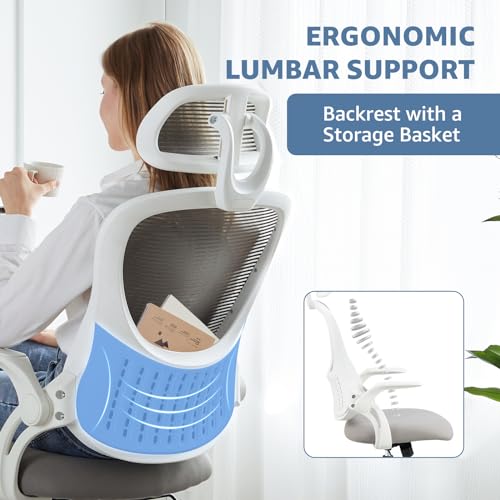 Image of DUMOS Ergonomic Office Chair - High Back Mesh Computer Chair with Lumbar Support, Headrest, Flip-up Arms, and Swivel Wheels - Comfortable Gaming & Desk Chair for Home Bedroom Office,Grey