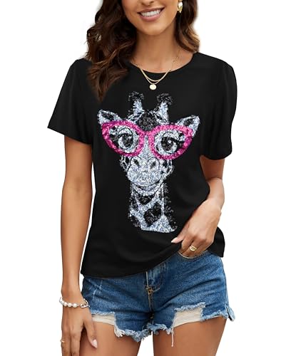 Image of PESION Womens Short Sleeve T-Shirt Sequined Tops O-Neck Funny Graphic Tees Blouse