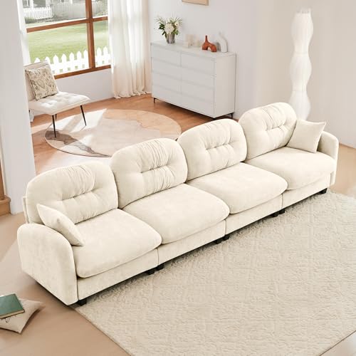 Image of KEIKI 140 inch Oversized Chenille Modular Sectional Sofa with High-Density Foam Cushion and Tufted Pleated Cushion Backrest, Upholstered Modern 4-Seater Cloud Couch with 2 Pillow, for Living Room, Beige